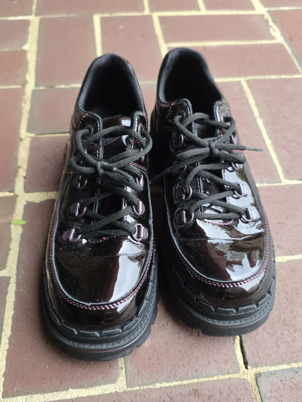 Skechers Wine Color Patent Platform Sneakers with Burgundy Accents